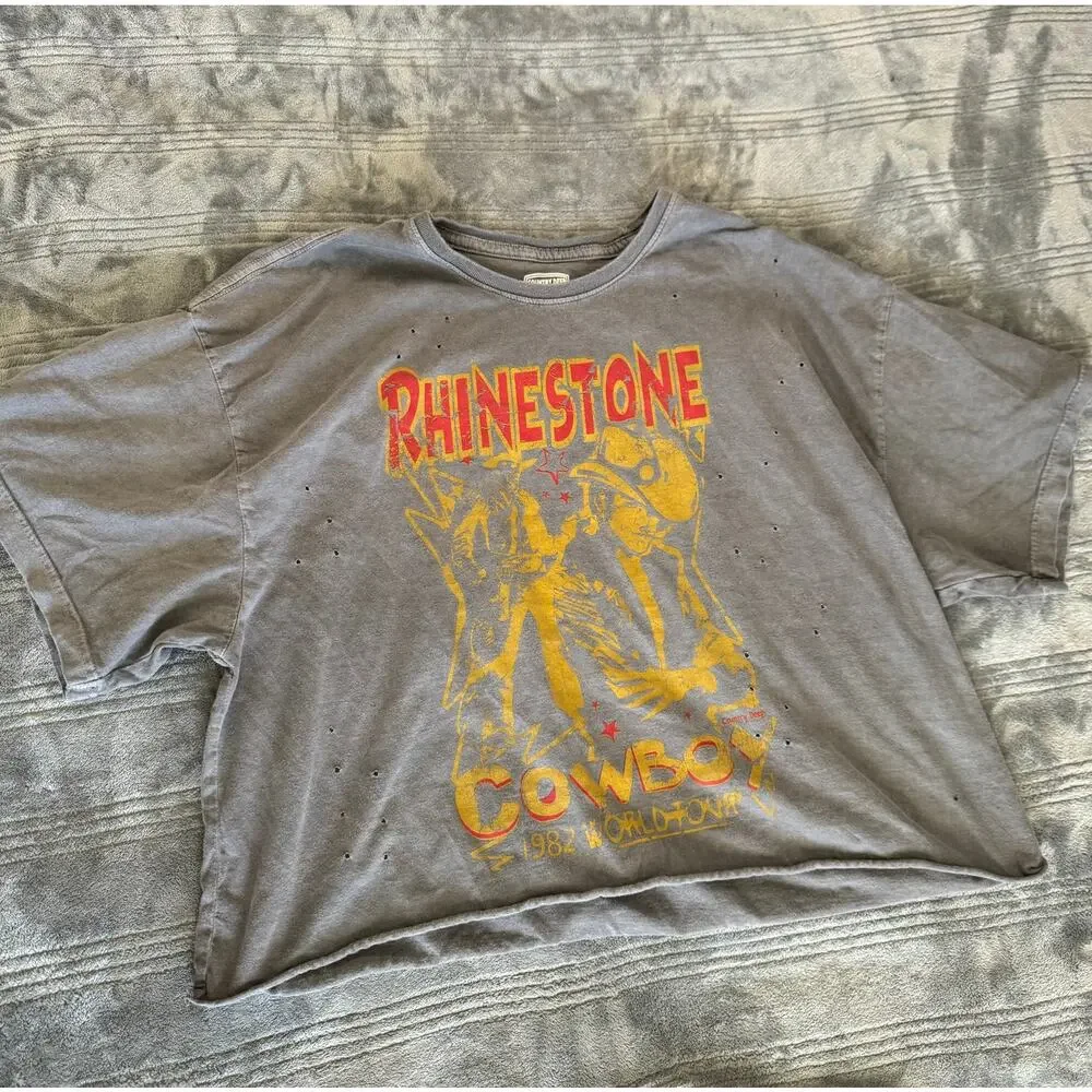 Rhinestone Cowboy 1982 Cropped Oversized Distressed Graphic T Shirt Women Medium - Picture 1 of 9
